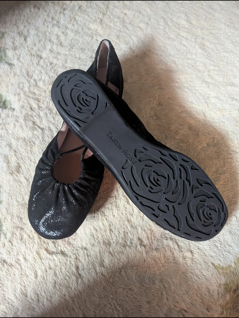 Taryn Rose Black Shimmery Ruched T-Strap Flats
